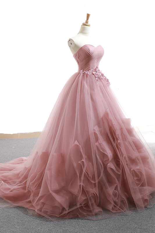 Pink Sweetheart Tulle Long Prom Gown Tulle Evening Dress