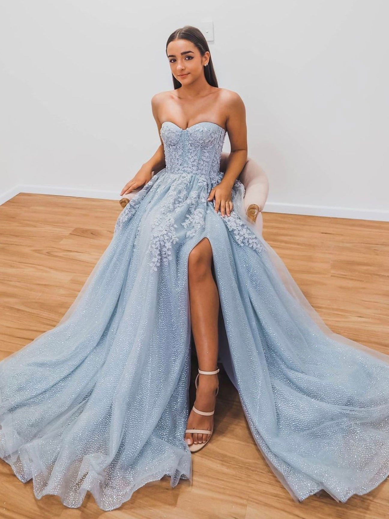 Gray Blue Tulle Sequin Long Prom Dress Gray Blue Tulle Evening Dress