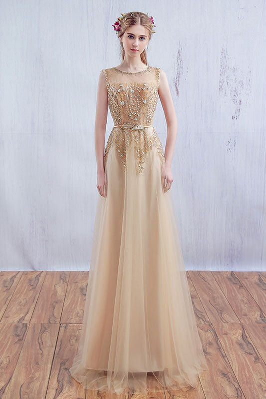 Champagne Round Neck Tulle Lace Long Prom Dress Lace Evening Gown