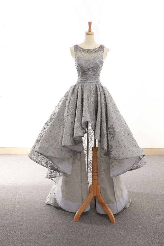 Gray Tulle Lace High-Low Prom Dress Lace Homecoming Dress