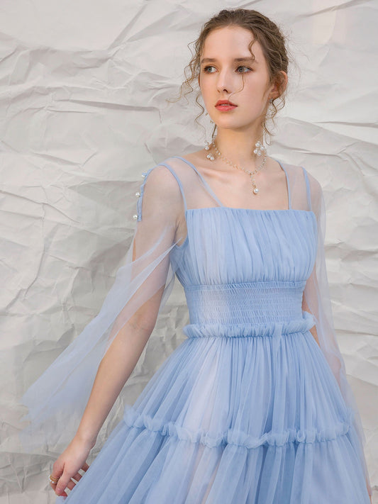 Blue Tulle Tea-Length Prom Dress Blue Tulle Formal Evening Dress