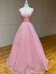 Pink A-Line V-Neck Tulle Long Prom Dress Pink Evening Dress