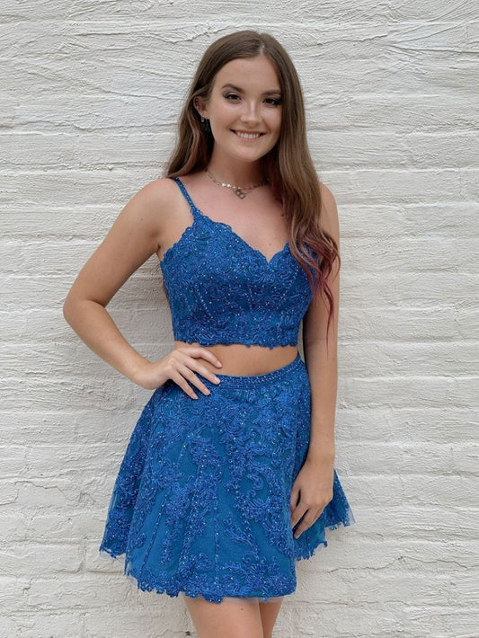 Blue Lace Short Prom Dress Blue Homecoming Dress