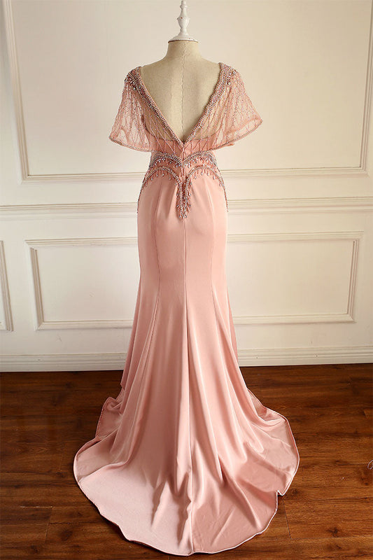 Unique Pink Beads Chiffon Long Prom Dress Pink Evening Gown