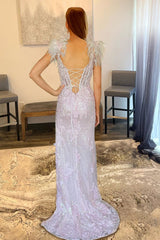 Lavender Appliques Mermaid Prom Dress with Feathers