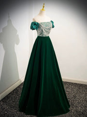 A-Line Velvet Sequin Beaded Green Long Prom Dress Green Velvet Long Formal Dress