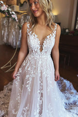 Graceful Ivory A-Line V-Neck Backless Long Lace Wedding Dress