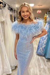 Sparkly Sky Blue Sequin Mermaid Prom Dress with Feather