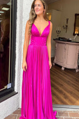 Luella Dressystars  A-Line Sexy V-Neck Fuchsia Pleated Long Prom Dress