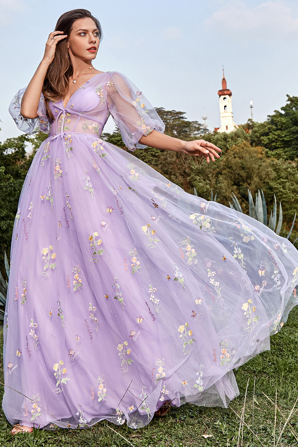 Purple V-Neck Embroidery Long Prom Dress with Sleeves