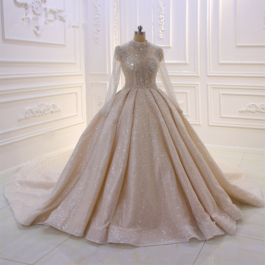 High Neck Long Sleeve Satin Ball Gown Wedding Dress with Sequins