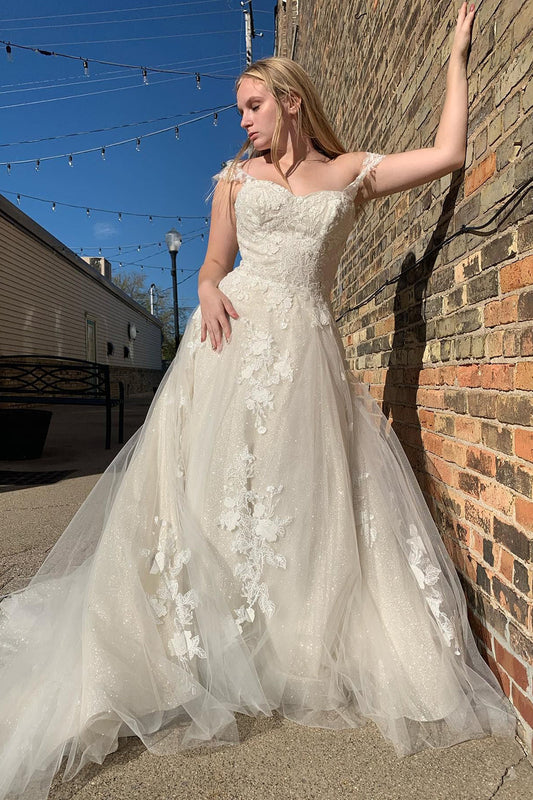 Dazzling Glitter A-Line Off-the-Shoulder White Long Wedding Dress with Appliques