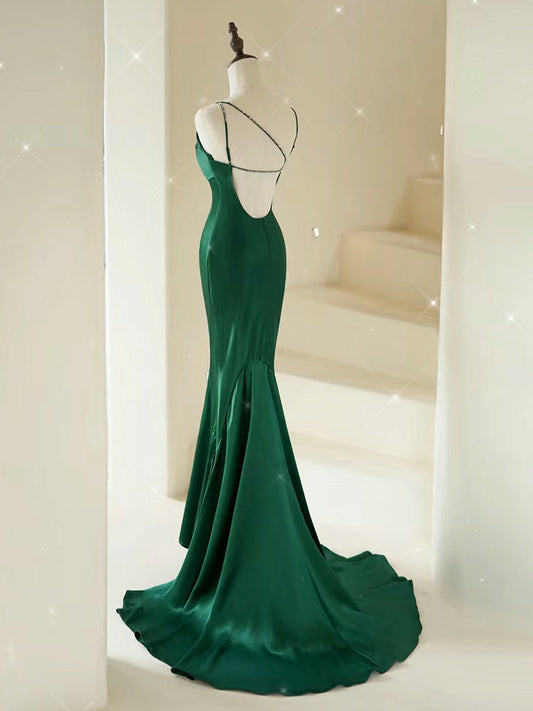 Mermaid V-Neck Satin Green Long Prom Dress Green Satin Long Formal Dress