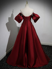 A-Line Puff Sleeves Satin Burgundy Long Prom Dress Burgundy Long Formal Dress