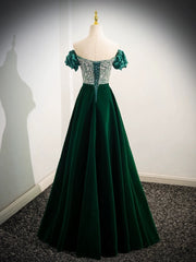 A-Line Velvet Sequin Beaded Green Long Prom Dress Green Velvet Long Formal Dress