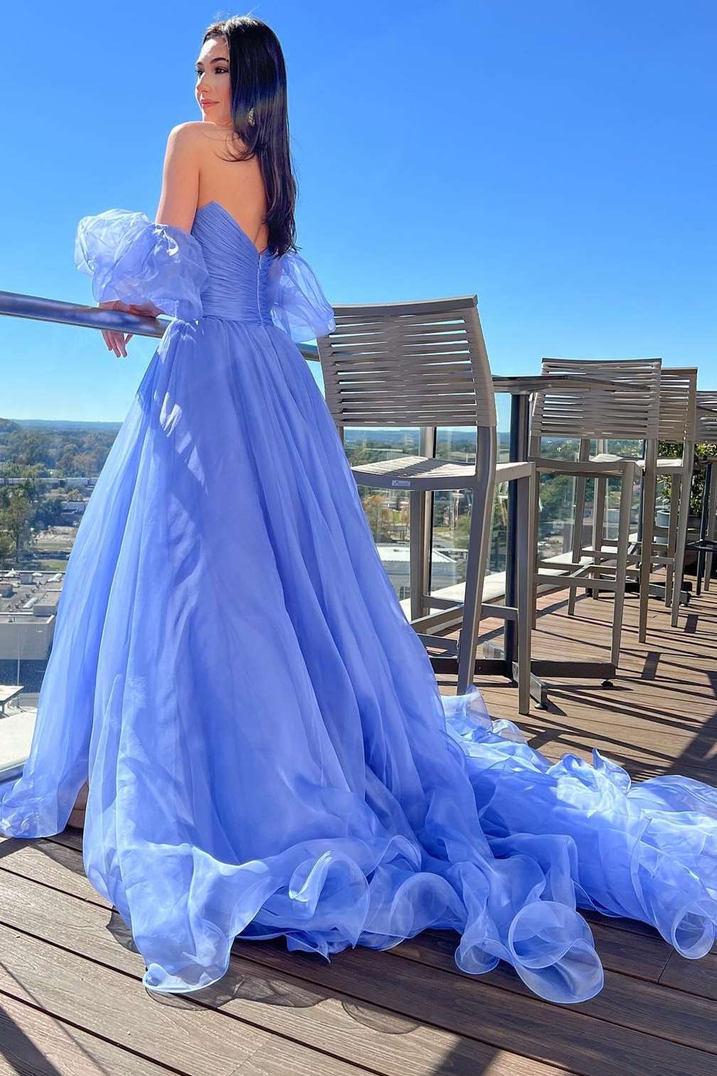 Lavender Strapless A-Line Elegant Prom Dress with Puff Sleeves