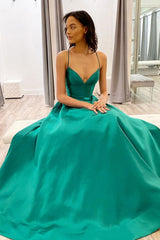 Simple Green V-Neck Satin Long Prom Dress Green Evening Dress