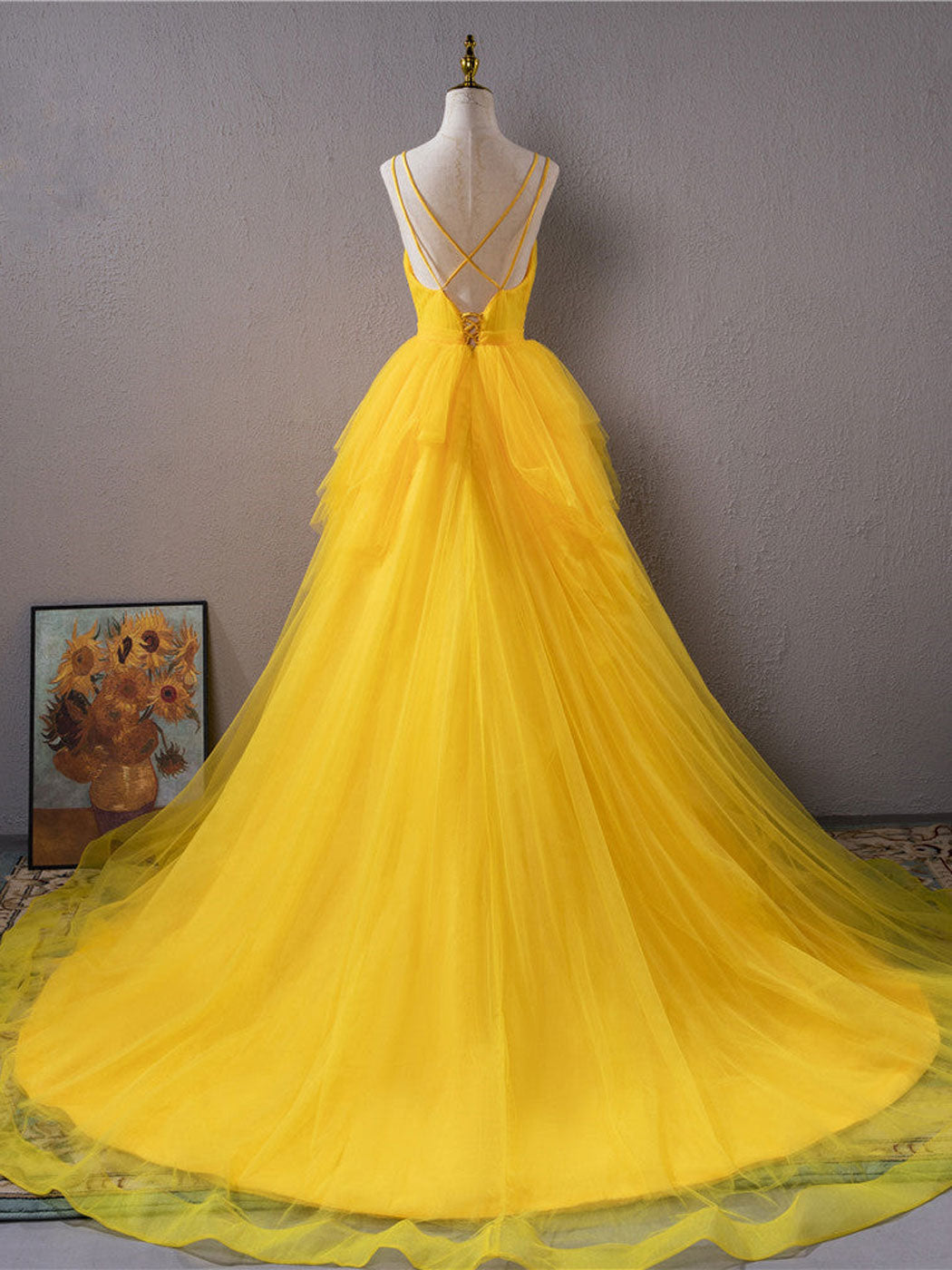 Yellow V-Neck High-Low Prom Dress Yellow Evening Gown