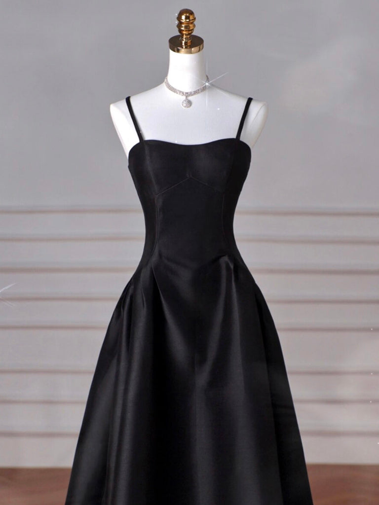 A-Line Sweetheart Neck Satin Black Long Prom Dress Black Long Evening Dress