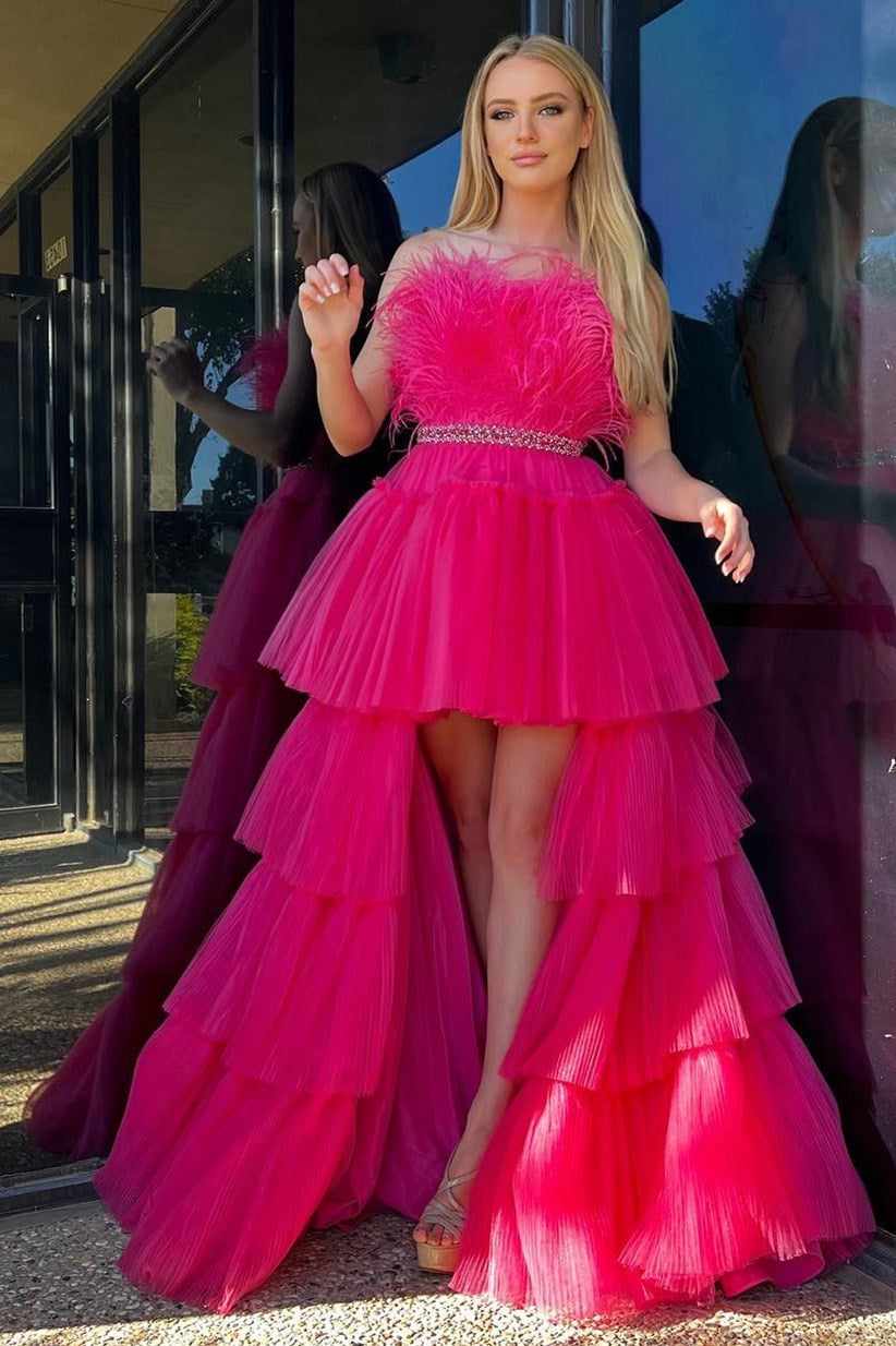 Dressystars  Fuchsia A-line High-Low Strapless Ruffled Tulle Material Elegant Prom Dress with Featured Feathers