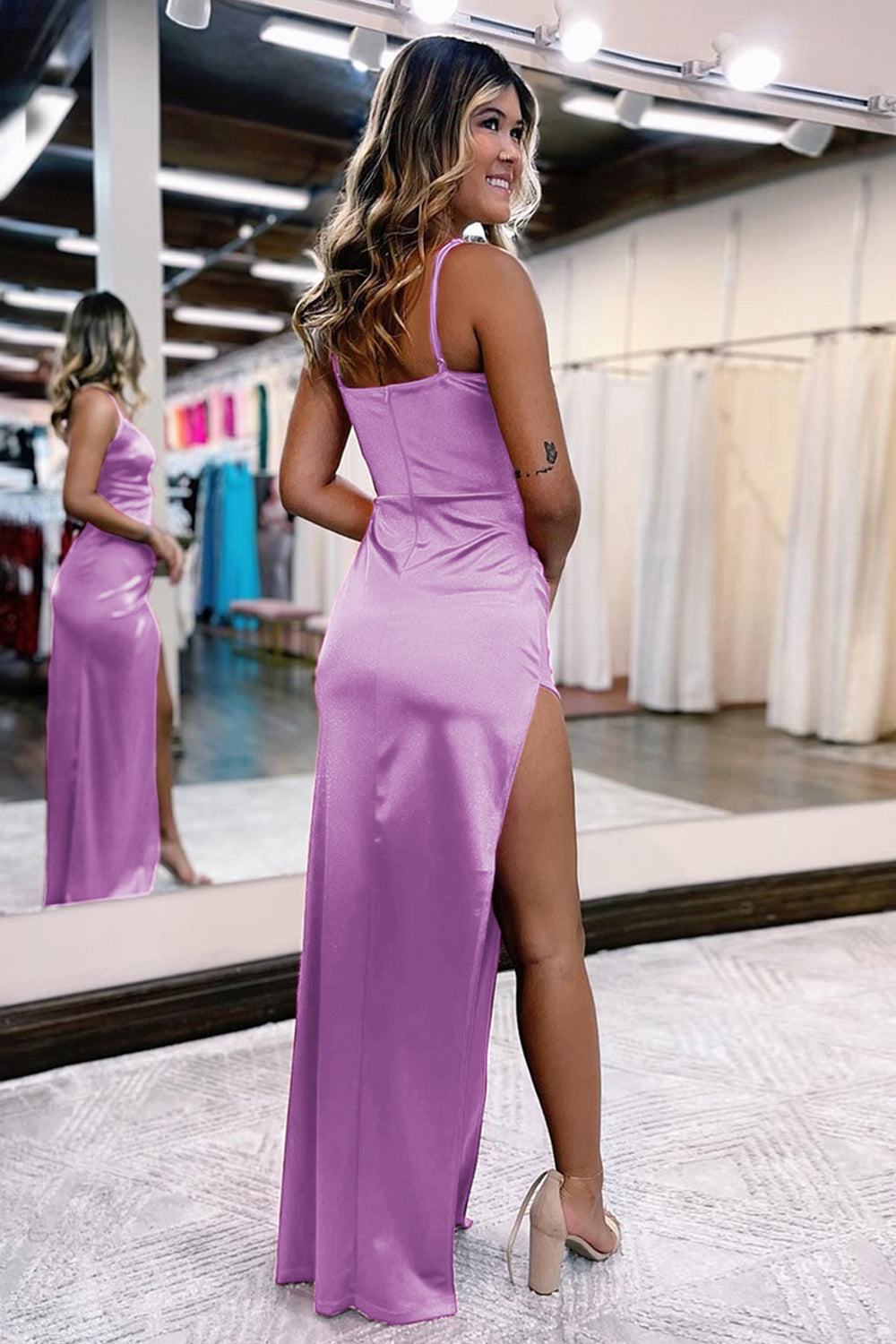 Hot Pink Satin V-Neck Simple Prom Dress with Slit