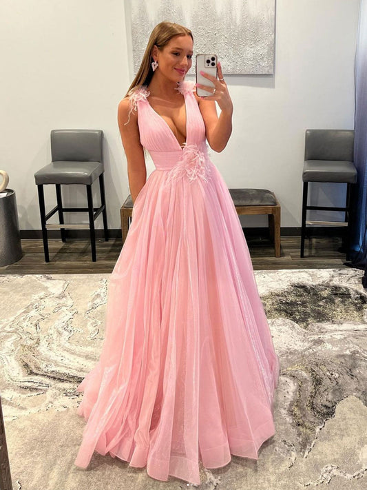 Pink V-Neck Tulle Long Prom Dress Pink Tulle Evening Gown