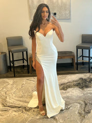 White Strapless Sexy V Neck Long Elegant Prom Dress With Split Design