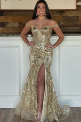 Sparkly Mermaid Golden Long Metallic Sequins Prom Dress