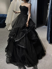 A-Line Sweetheart Neck Tulle Black Long Prom Dress Black Long Formal Dress