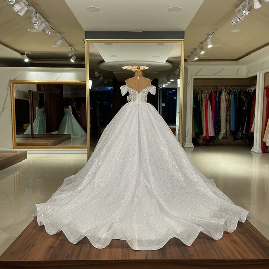 Gorgeous Off-the-Shoulder Long Ball Gown Wedding Dress with Sequins