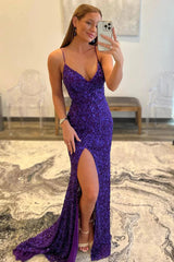 Hot Pink Sequins Glitter Prom Dress with Slit