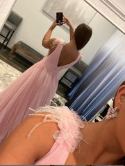 Pink V-Neck Tulle Long Prom Dress Pink Tulle Evening Gown