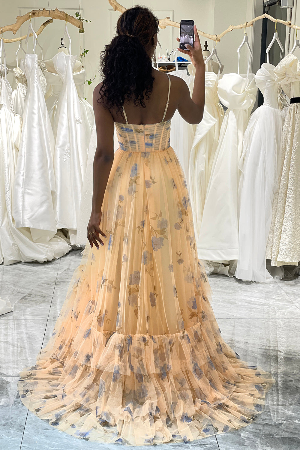 Yellow Tulle A Line Long Tiered Prom Dress