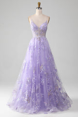 Elegant Purple A Line Tulle Long Prom Dress With Appliques