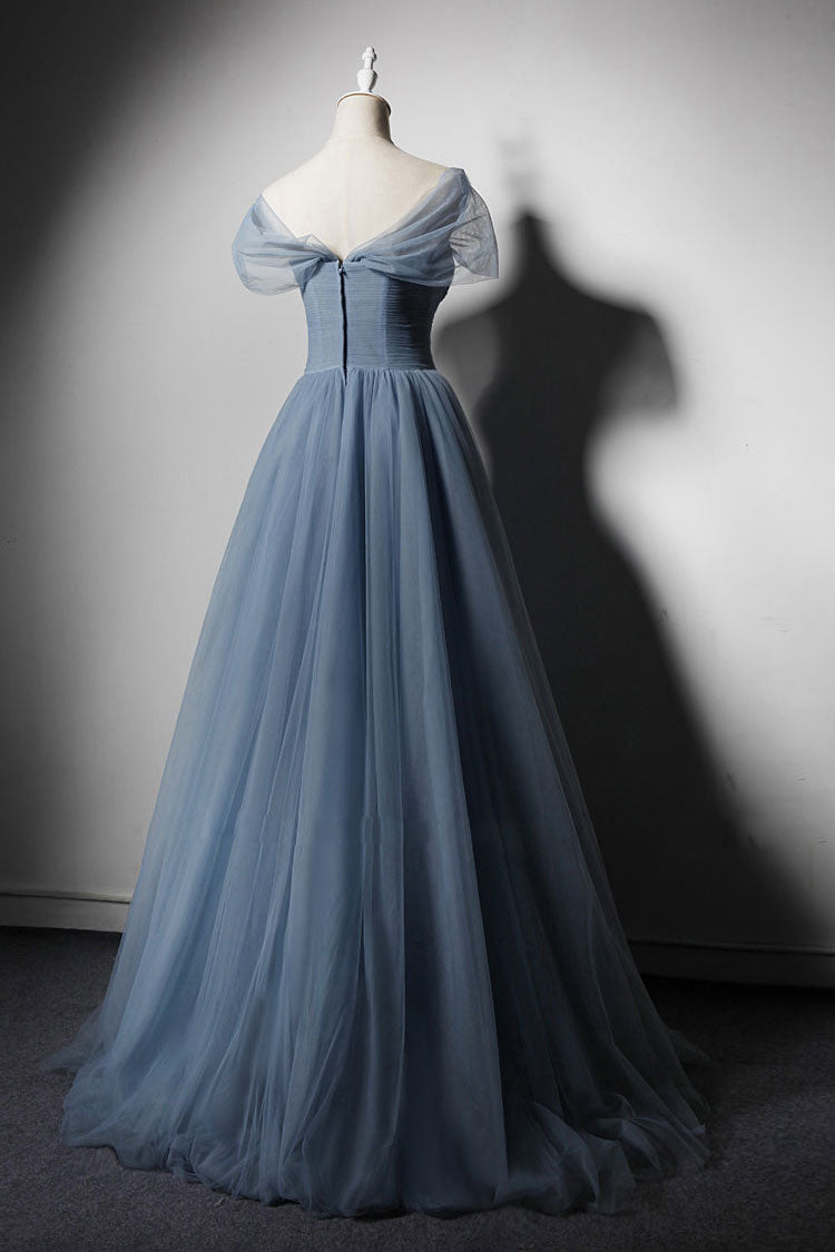 Blue Tulle Off-Shoulder Long Prom Dress Blue Tulle Evening Dress