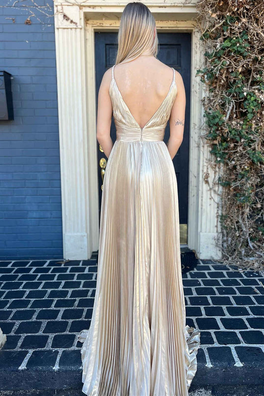 Barbara Dressystars  Plunging Sexy V-Neck Gold Pleated Long Prom Dress