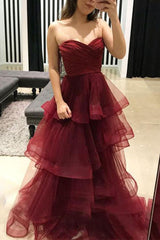 Simple Burgundy Sweetheart Neck Tulle Long Prom Dress Burgundy Evening Dress