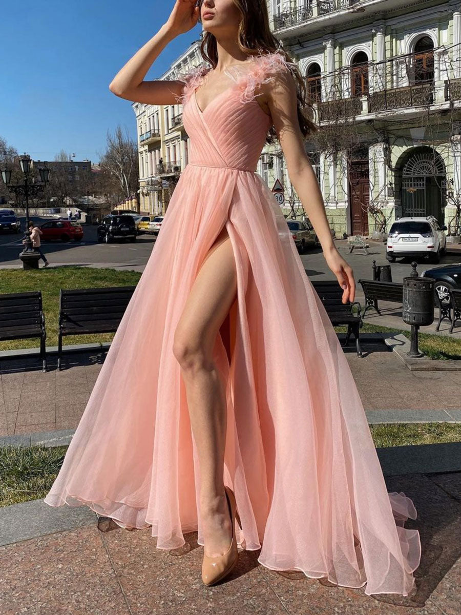 Pink V-Neck Tulle Long Prom Dress Pink Tulle Formal Dress