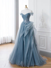 Gray Blue A-Line Lace Long Prom Dress Gray Blue Formal Evening Dress