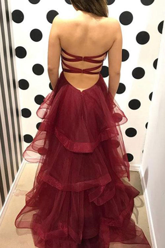 Simple Burgundy Sweetheart Neck Tulle Long Prom Dress Burgundy Evening Dress