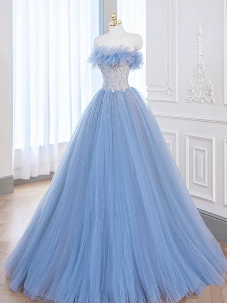 A-Line Blue Tulle Lace Long Prom Dress Blue Tulle Lace Formal Gown