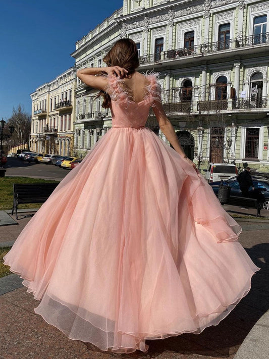 Pink V-Neck Tulle Long Prom Dress Pink Tulle Formal Dress