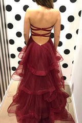 Simple Burgundy Sweetheart Neck Tulle Long Prom Dress Burgundy Evening Dress