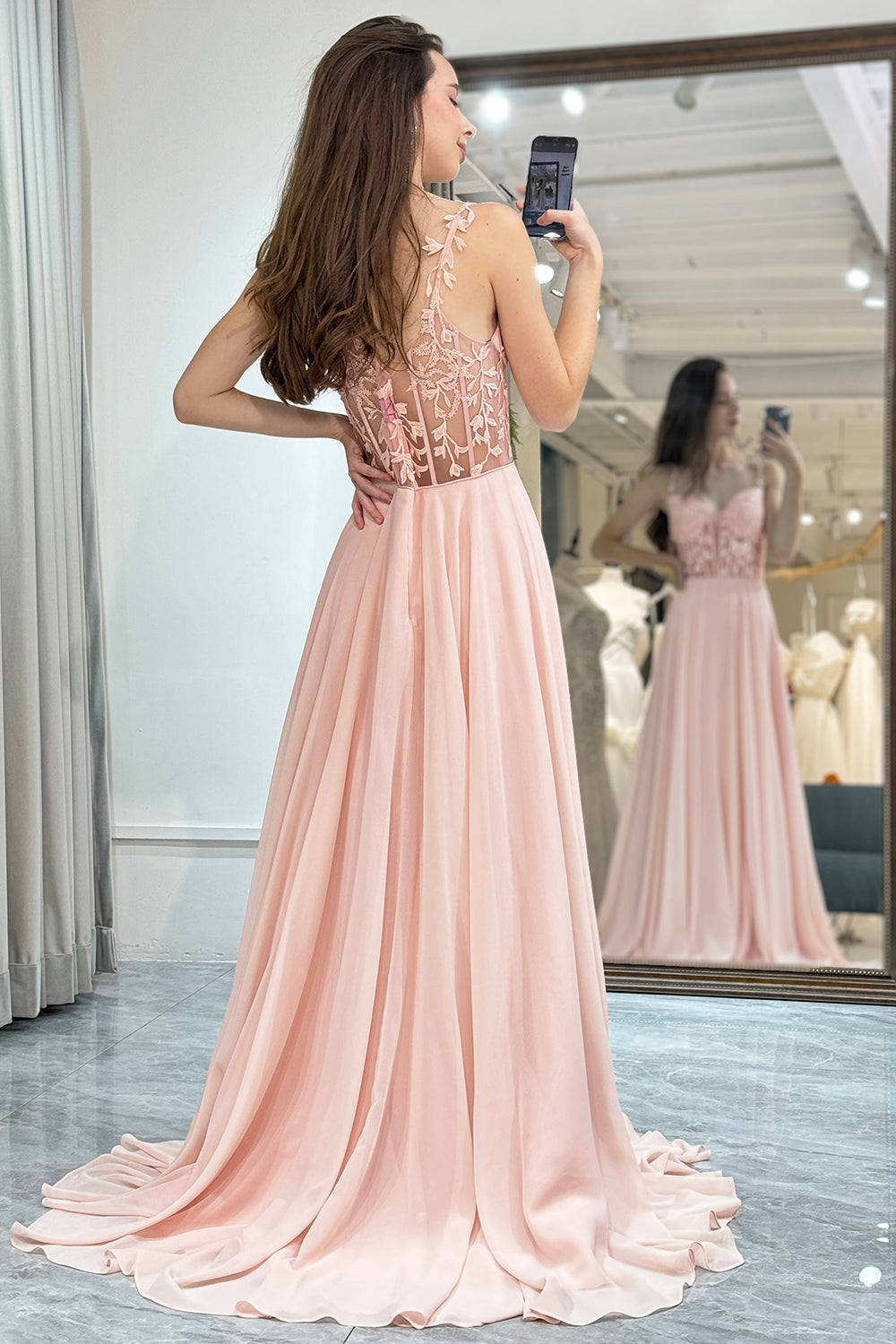 Light Pink Backless Long Corset Prom Dress With Appliques