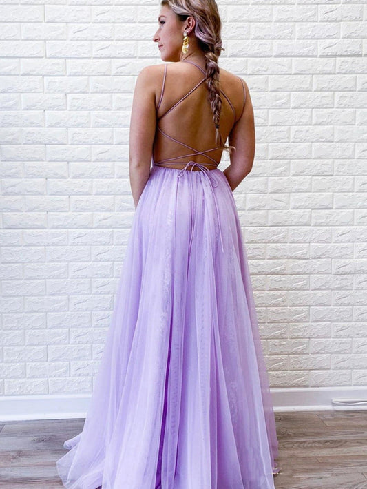 A Line Purple Backless Tulle Material Long Prom Dress