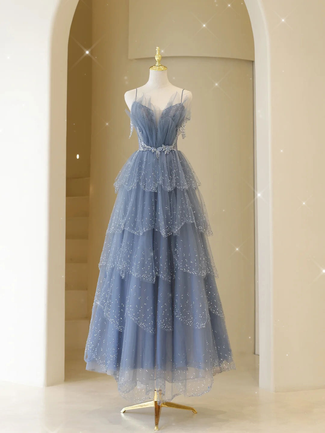 Gray Blue Tulle Sequin Beaded Long Prom Dress Blue Evening Gown