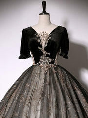 A-Line Tulle Lace Black Long Prom Dress Black Formal Evening Dress