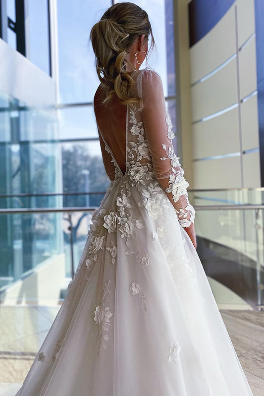 Romantic Ivory A-Line Illusion Deep V-Neck Long Sleeves Wedding Dress