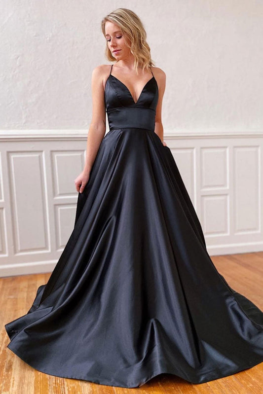 Simple Black V-Neck Satin Long Prom Dress Black Evening Gown