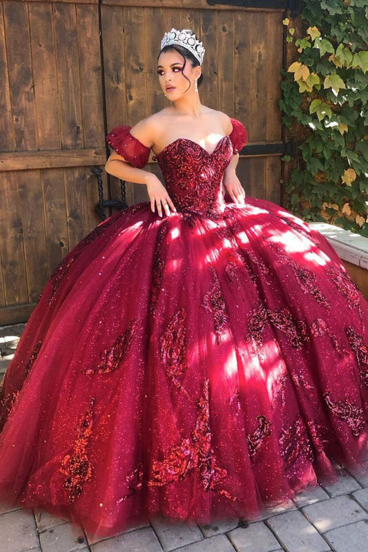 Burgundy Sweetheart Tulle Lace Off-Shoulder Long Prom Dress